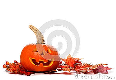 Halloween Jack o Lantern with autumn leaves border on white Stock Photo