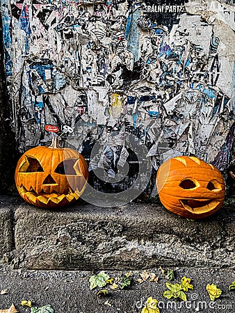 Halloween Jack-o`-lantern carved pumpkins with ghoulish faces Stock Photo