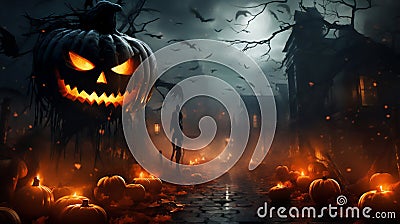 Halloween jack-o-lantern illuminated pumpkins in a spooky ghostly horror scene Cartoon Illustration