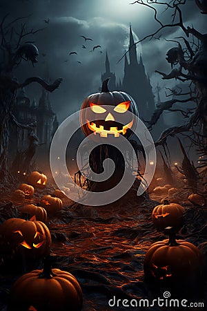 Halloween jack-o-lantern illuminated pumpkins in a spooky ghostly horror scene Cartoon Illustration