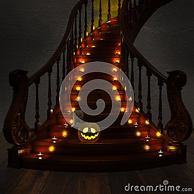 Halloween Jack-O-Lantern Pumpkin on the stairs. High resolution. Stock Photo