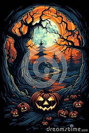 halloween Jack O'Lanterns pumpkins with devilish carved faces Cartoon Illustration