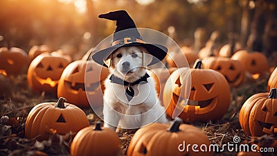 halloween jack o lantern A sweet Halloween puppy wearing a witch hat, gently holding a broomstick in its mouth Stock Photo