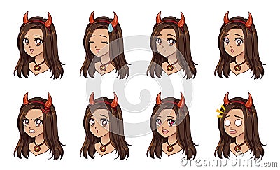 Halloween kawaii devil girl with eight different face expression. Retro 90s anime style hand draw vector illustration. Isolated on Vector Illustration