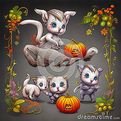 Halloween Kawaii Kittens playing with a small pumpkin. generative AI Cartoon Illustration