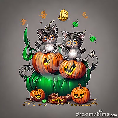 Halloween Kawaii Kittens playing with a small pumpkin. generative AI Cartoon Illustration