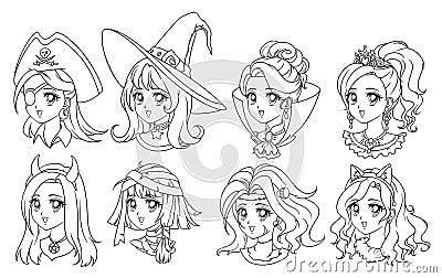 Halloween kawaii set of fantasy characters. Hand drawn vector avatars. Vector Illustration
