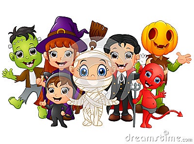 Halloween kids costumes. witch, Frankenstein, Dracula, cat costume, Red Devil, mummy, Pumpkin Head Vector Illustration