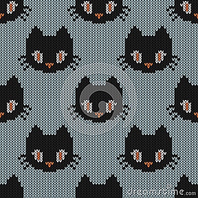 Halloween knitted pattern. Seamless Knitting Texture with cute c Vector Illustration