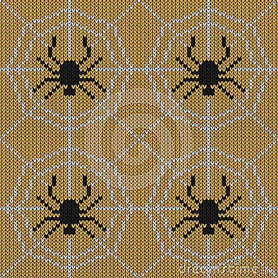 Halloween knitted pattern. Seamless Knitting Texture with spider Vector Illustration