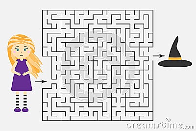 Halloween labyrinth game, help the witch to find a way out of the maze, cute cartoon character, preschool worksheet activity for k Cartoon Illustration