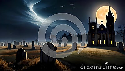 Halloween landscape with old cemetery by church at moonlit night Cartoon Illustration