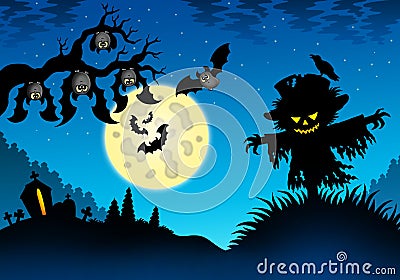 Halloween landscape with scarecrow Cartoon Illustration