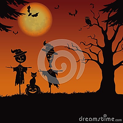 Halloween landscape, scarecrows and pumpkin Vector Illustration