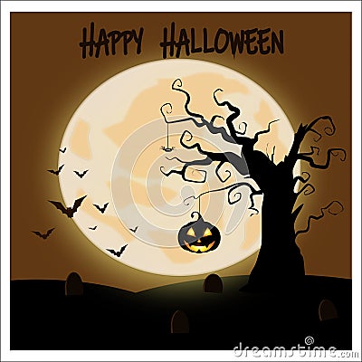 Halloween landscape with tree, moon and glowing pumpkin Vector Illustration