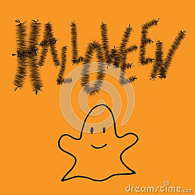 Halloween lettering, vector illustration. Black hand drawn letters isolated on orange with funny smiling ghost Vector Illustration