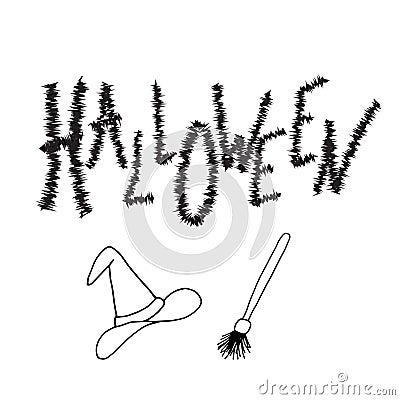 Halloween lettering, vector illustration. Black text isolated on white board with design elements. Witch hat and broom Vector Illustration