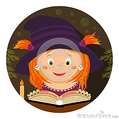 Halloween. Little whitch-girl reading a spellbook Vector Illustration