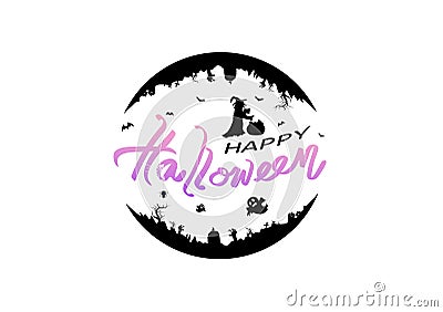 Halloween, logo, poster banner vector, holiday calligraphy letter, bats, cat, witch, zombie, graveyard and pumpkins, greeting card Vector Illustration