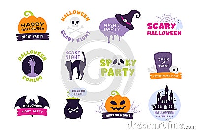 Halloween logo. Trick or treat labels and sticker for scary holiday with pumpkins, skulls and ghost. Happy Halloween Vector Illustration