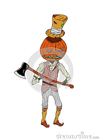 Halloween man pumpkin with a hatchet in country style, digital draw, isolated on white ground Stock Photo