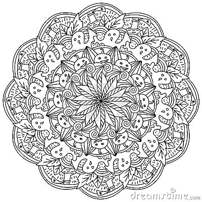 Halloween mandala outline, pumpkin and ghost holiday coloring page Vector Illustration