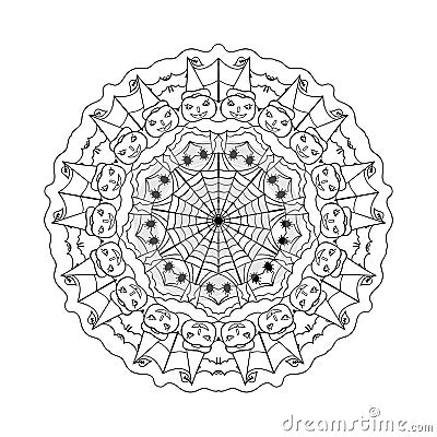 Halloween mandala on white background. Round pattern with pumpkins and spider web. Coloring book page Vector Illustration