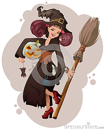 Halloween masquerade. Beautiful young woman witch holding mouse Vector Illustration