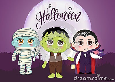 Halloween masquerade, cute children costumes. Funny characters. Invitation card for party and sale. Autumn holidays. Vector Illustration