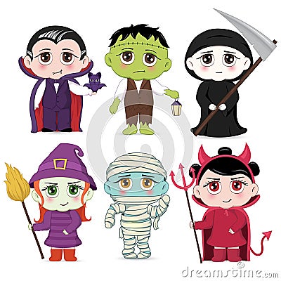 Halloween masquerade, cute children costumes. Funny characters. Invitation card for party and sale. Autumn holidays. Vector Illustration