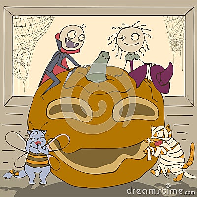 Halloween Masquerade. Vampire and witch on large pumpkin lantern. Cat mummy and funny cat bee Vector Illustration