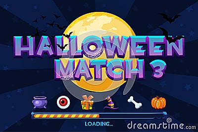 Halloween match3 on background. Set icons and loading game, GUI Graphic Assets Vector Illustration