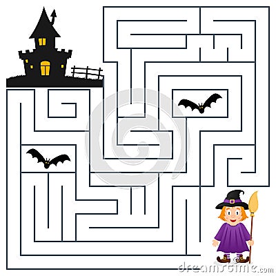 Halloween Maze - Witch and Haunted House Vector Illustration