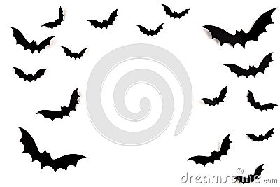 Halloween mock up concept. Flying black paper bats on white Stock Photo