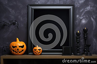Halloween mockup, shelf with empty frame and holiday decorations. Black frame with pumpkin decor and candles, copy space. AI Stock Photo