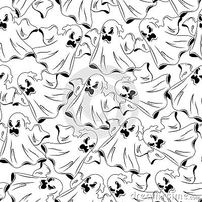 Halloween monochrome seamless pattern with scary ghosts.Holiday vector background.Textile texture Vector Illustration