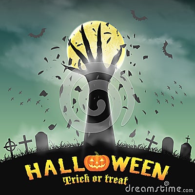 Halloween monster hand rising from night graveyard Vector Illustration
