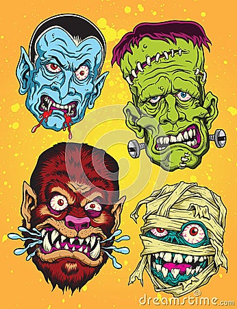 Halloween Monster Heads Vector Illustration