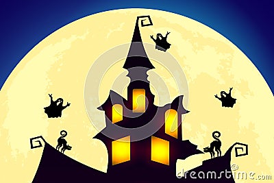 Halloween moon night with flying ghosts and scary cats in a witch castle illustration Vector Illustration