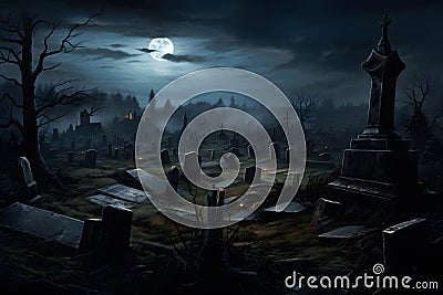 halloween a moonlit cemetery with weathered tombstones ai generated Stock Photo