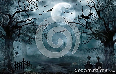 Halloween moonlit night landscape with cemetery and copy space decoration. Stock Photo