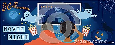 Halloween Movie Night, Vector Illustration for Cover of web site. Children watch scary video on TV Stock Photo