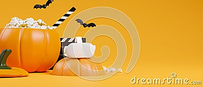 Halloween movie party concept, virtual reality headset, pumpkin popcorn bucket, orange background Cartoon Illustration