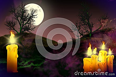Halloween multi colored horror night mockup - lone candle on the left and many candles on right side, celebration concept - Cartoon Illustration