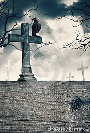 Halloween mystical background with cross and wooden frame Stock Photo