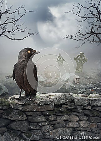 Halloween mystical background with raven on the stone wall Stock Photo