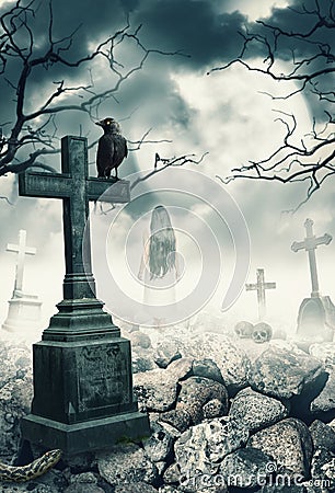 Halloween mystical spooky background with raven and cross Stock Photo
