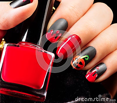 Halloween nail art design. Black matte nailpolish Stock Photo