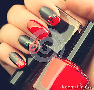 Halloween nail art design. Black matte nailpolish Stock Photo