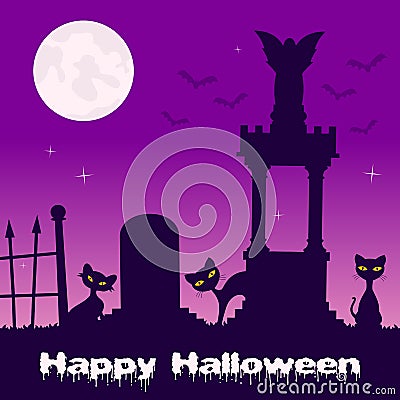 Halloween Necropolis with Black Cats Vector Illustration